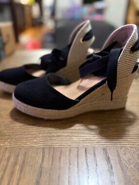 Bamboo Black Lace-Up Espadrille Wedges